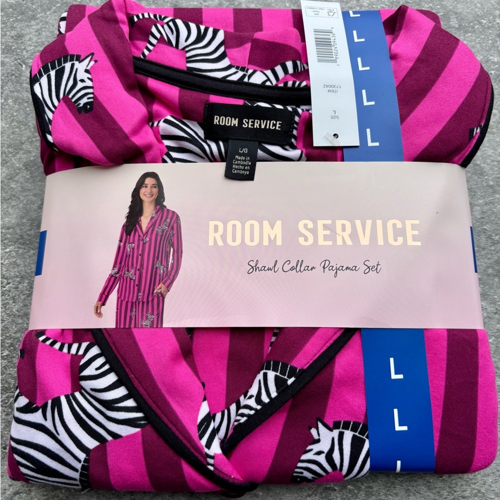 NEW Room Service Women's L Shawl Collar Pajama Set Pink Zebra & Stripe Pattern